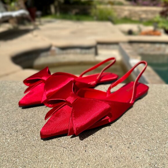 New Red Satin Oversized Bow Ballet Flat Mules Pointed Toe Slingback Slip-On Shoe - Picture 2 of 5